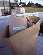 A paper bag of seed samples.